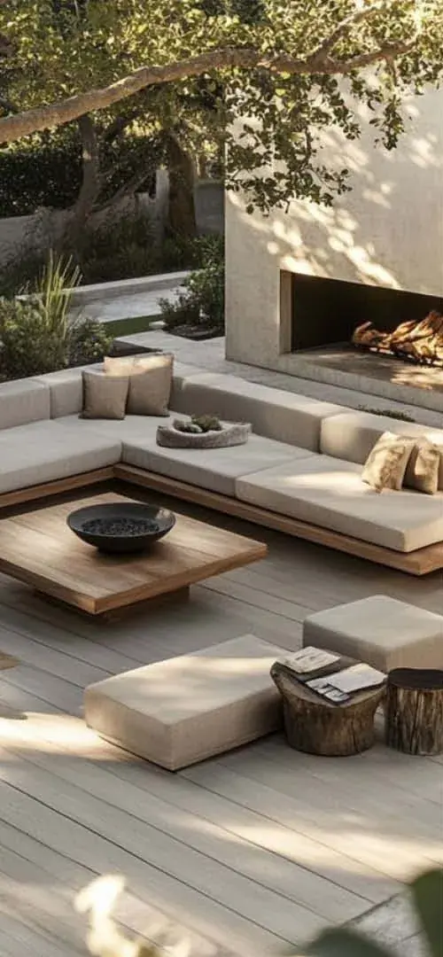 Chill-out-Bereich mit Outdoor-Sofa und Kamin